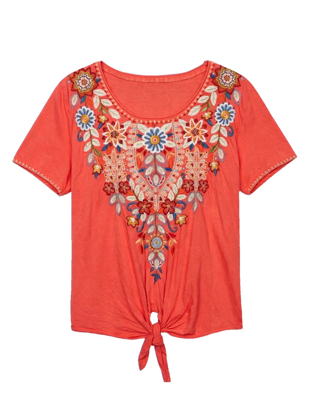 Johnny Was Embroidered Coral Tie-Front Women's Top
